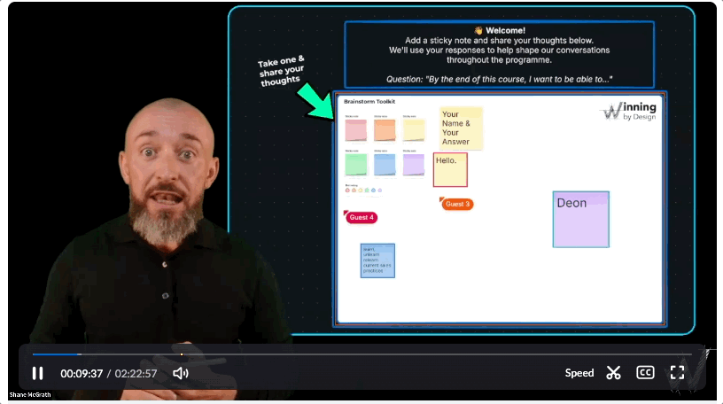 Virtual workshop with participants adding sticky notes to a shared brainstorm board